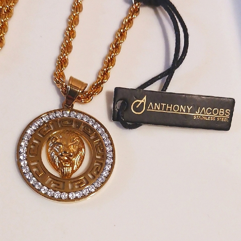 Luxurious Anthony Jacobs Goldtone Stainless Steel Necklace & Medallion Pendant